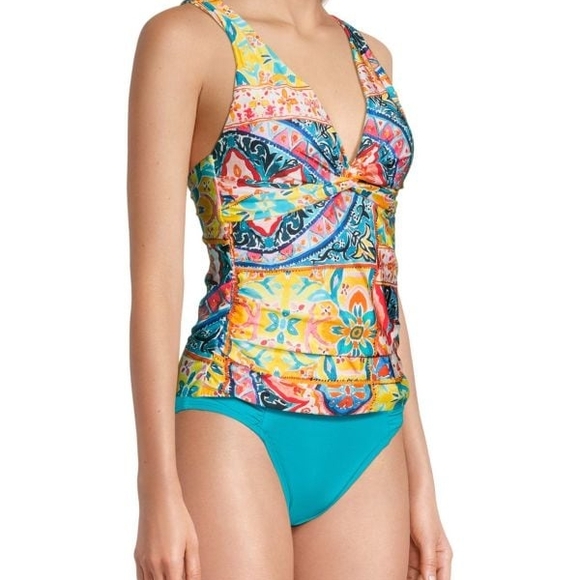 LA BLANCA GRAPHIC TWIST FRONT TANKINI SWIM TOP SIZE 14 LARGE NWT - Picture 1 of 8